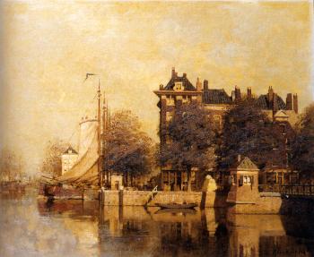 約翰內斯 尅裡斯蒂安 卡雷爾 尅林肯貝格 Moored Sailing Vessels Along A Quay Amsterdam